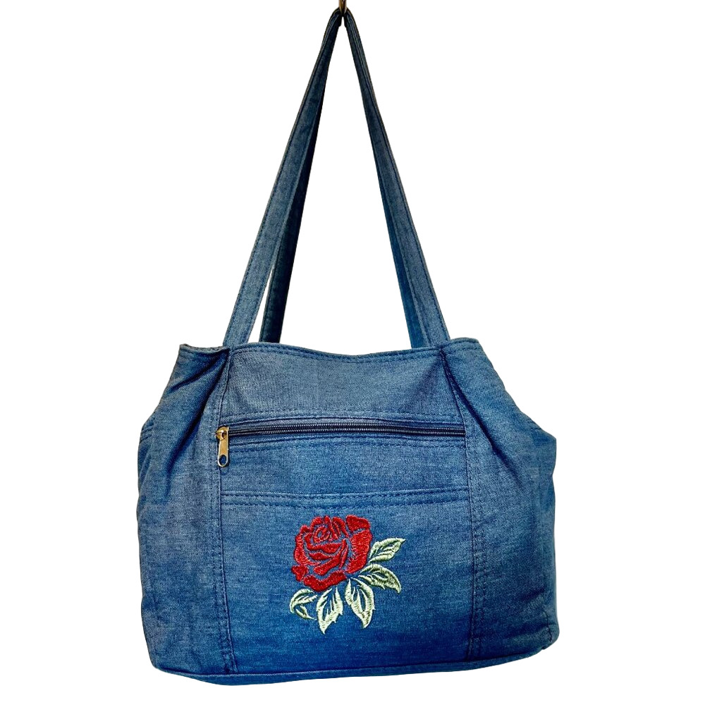 Gold Coast Women's Shoulder bag .Foral Applique Blue Denim LIGHT WEIGHT